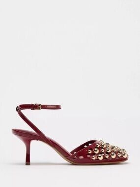 Zara Red Slingback Kitten Heels with Gold Studs